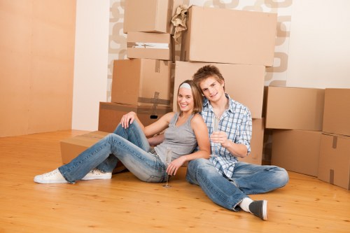 Packed office furniture and equipment prepared for transport in Ruislip